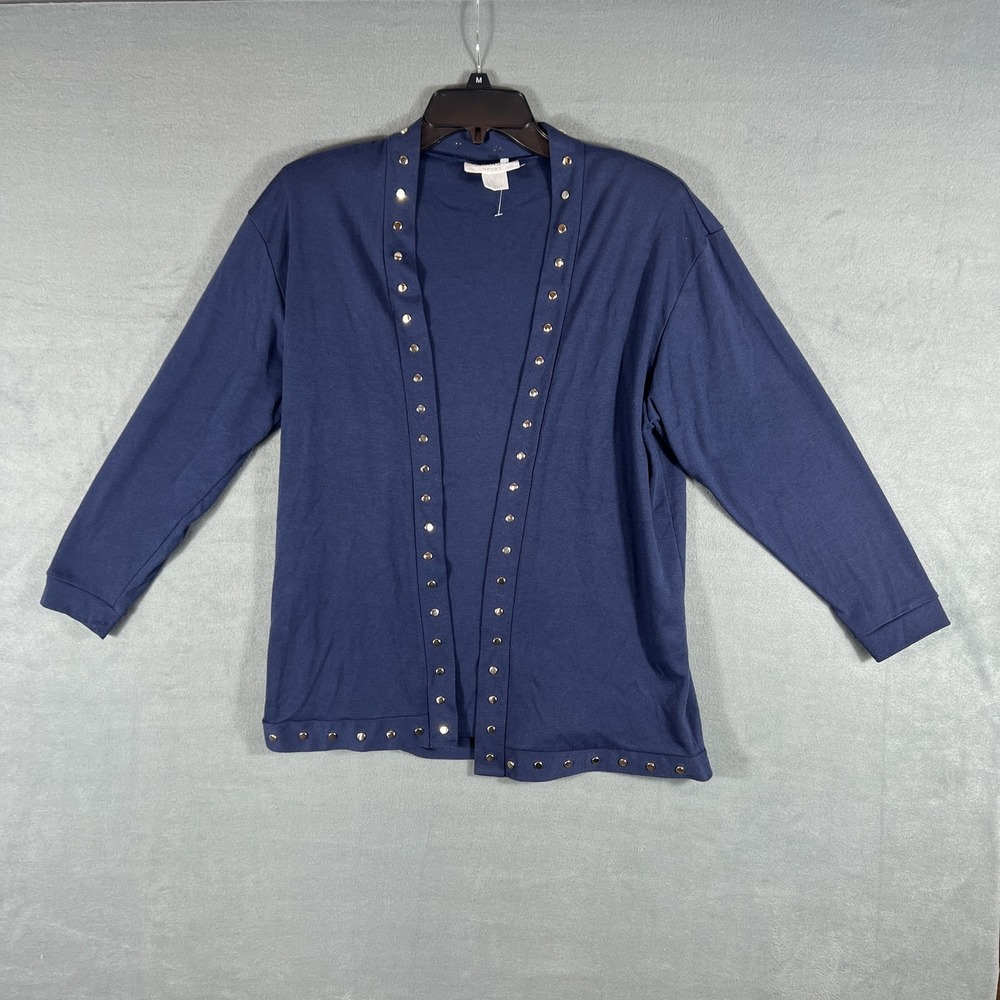 ADOLFO SPORT Women's Blue Studded Open Front Cardigan Sweater Size L Long Sleeve